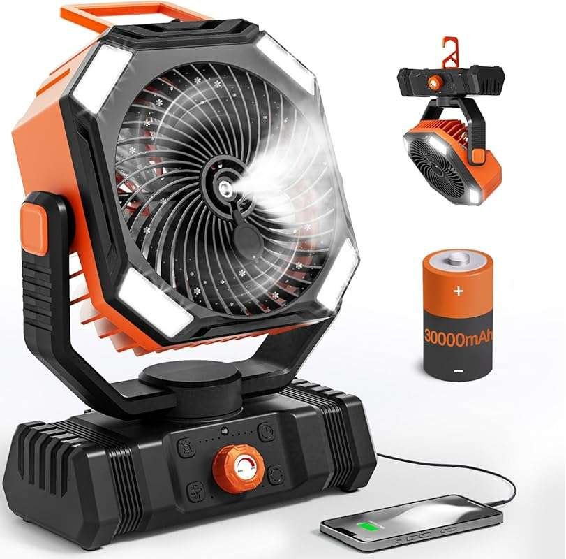 Rechargeable Camping Fan with 30000mAh Battery, Misting Feature for Ou