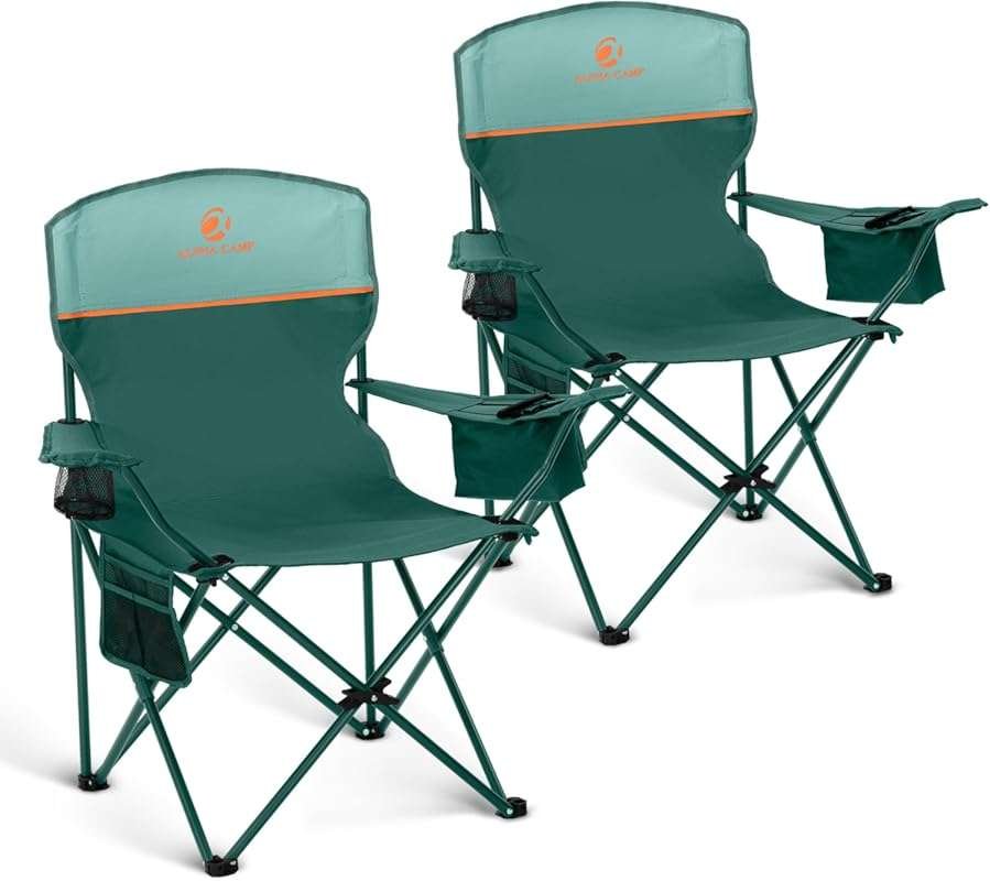 LET'S CAMP 2 Pack Folding Camping Chairs with Cooler Bag, Cup Holder, 