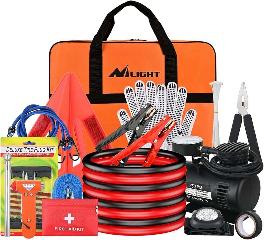 Nilight Car Emergency Kit: Jumper Cables, Air Compressor, Tire Repair,