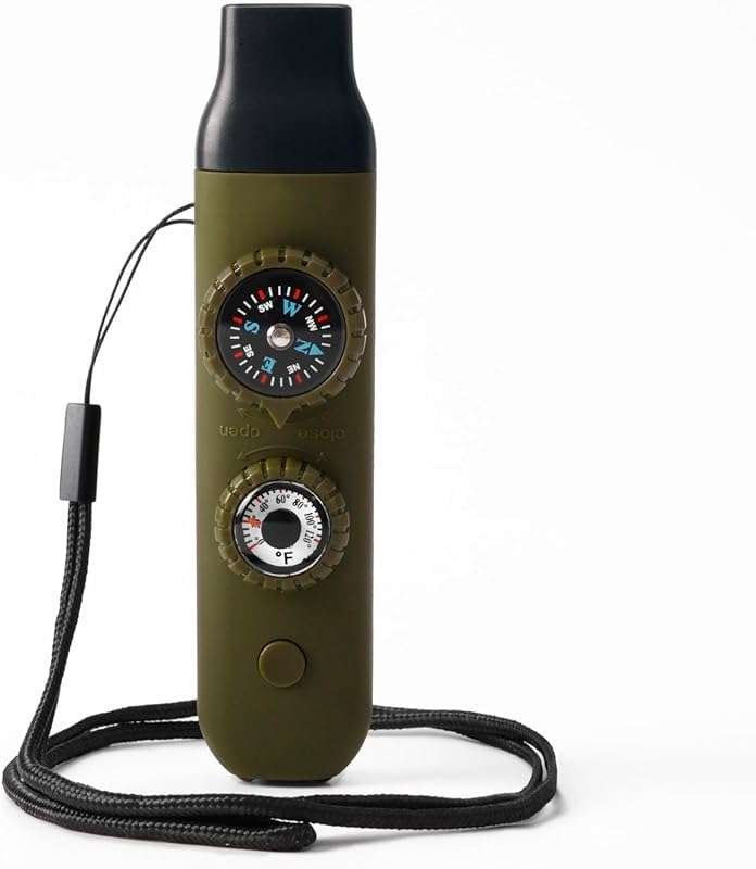 Emergency Survival Safety Whistle with Lanyard, Compass, and Thermomet