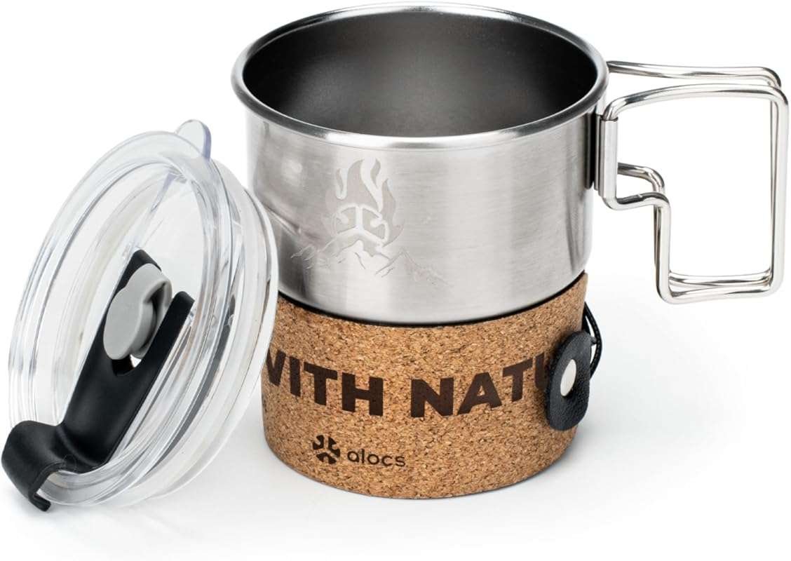 Alocs 10oz Stainless Steel Camping Mug with Foldable Handle and Lid, P