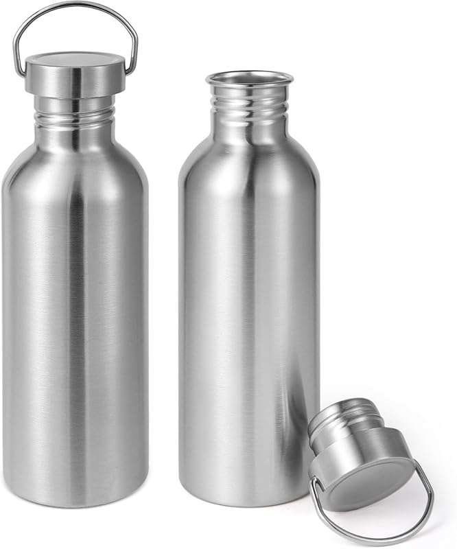 Volhoply 32oz Stainless Steel Uninsulated Water Bottle 2 Pack with Han