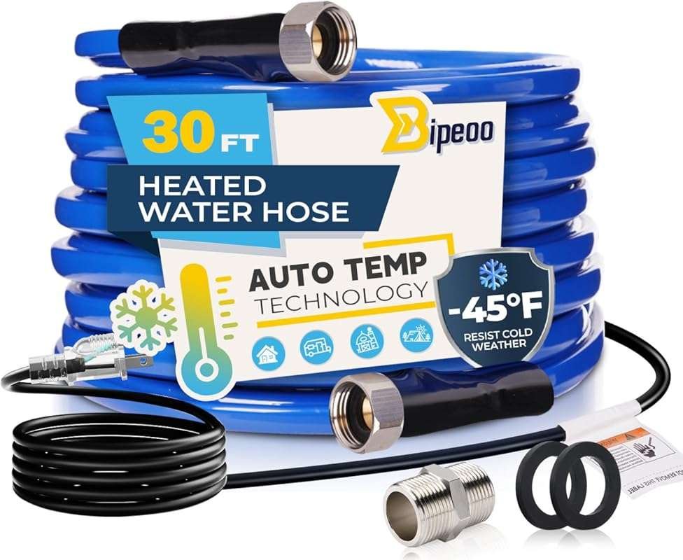 30FT Heated RV Water Hose for Campers, Antifreeze Protection to -45°F,