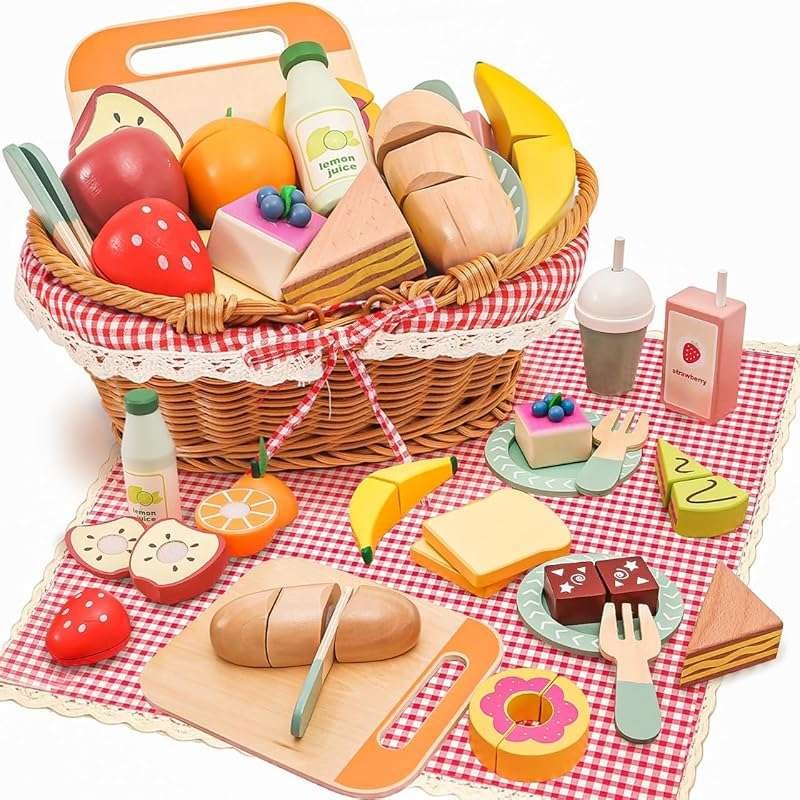 Wooden Picnic Basket Toy Set: Realistic Play Food & Tea Party Accessor