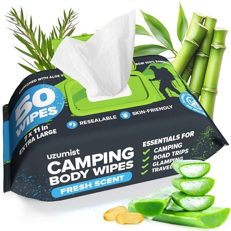 50 XL Deodorant No Rinse Body Wipes for Adults – Camping, Travel & Wor