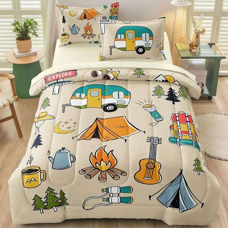 5 Pcs Camping Decor Comforter Set Twin Size for Kids, Teen Boys & Girl