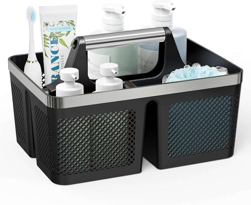 Black Plastic Portable Shower Caddy Organizer with Handle, Hard Storag