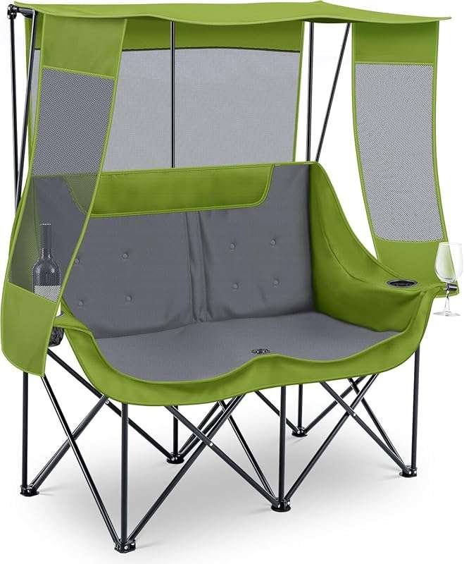 Double Beach Camping Chair with Canopy Shade, 600lbs Heavy Duty Portab