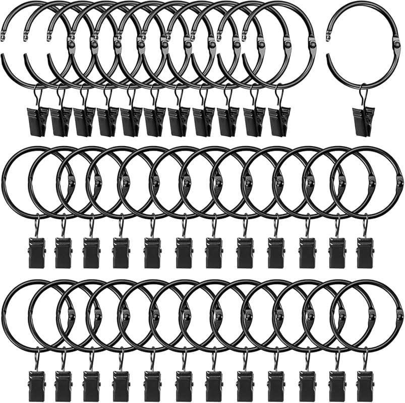 Black Curtain Rings with Clips, 1.26 Inch Diameter, Fits 1 Inch Rod, S