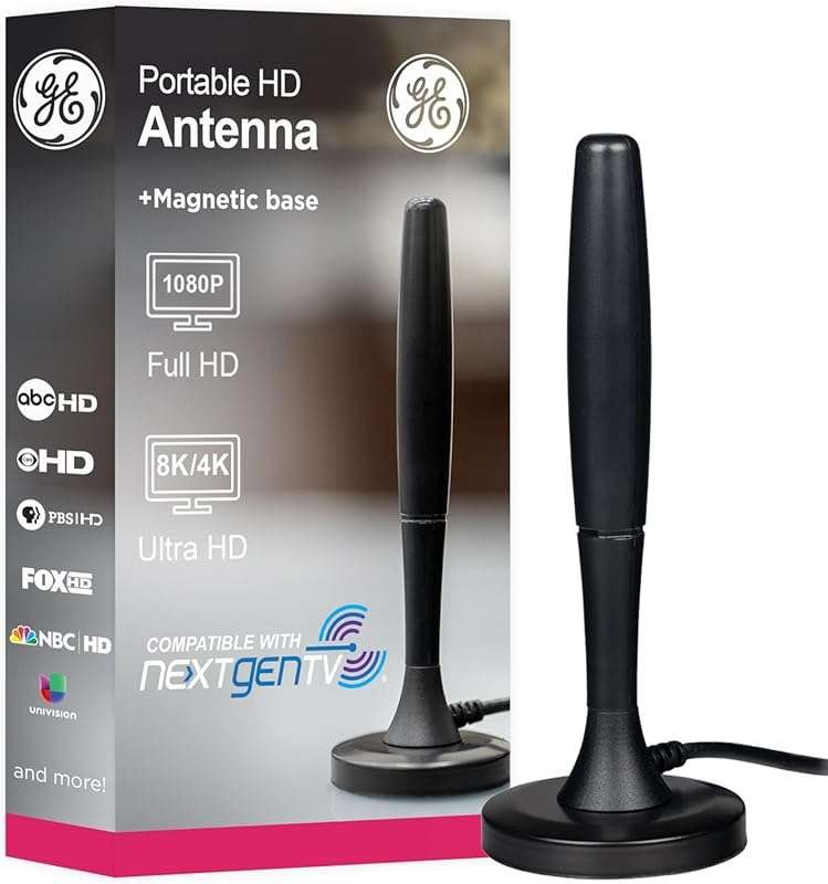 GE Portable Indoor HD TV Antenna for 1080p/4K/8K with 20 Mile Range & 