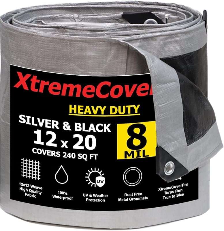 Ultra Heavy-Duty Silver Black Tarp: 8 Mil, 12'x20' Waterproof & UV-Res
