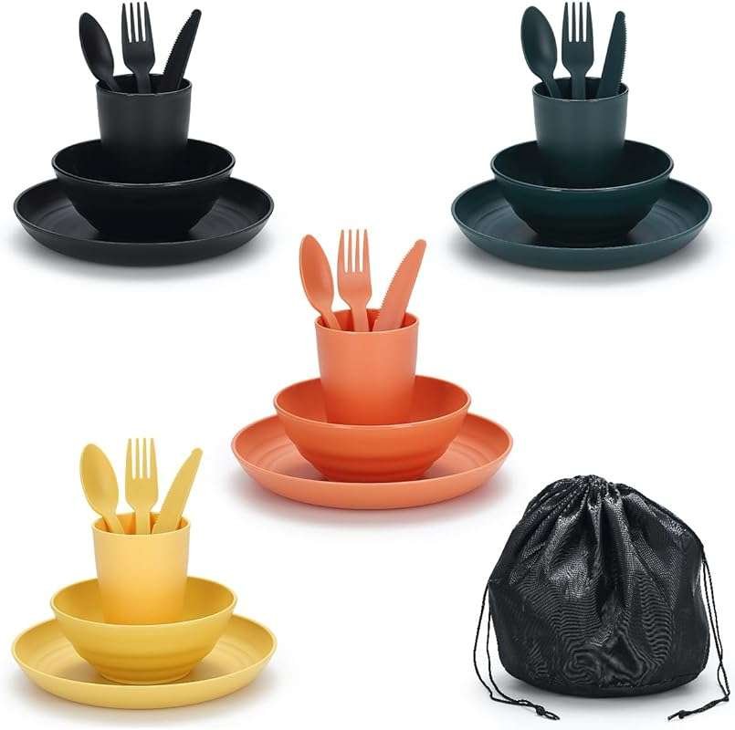 Portable Plastic Camping Mess Kit for 4, Complete Dining Set with Uten