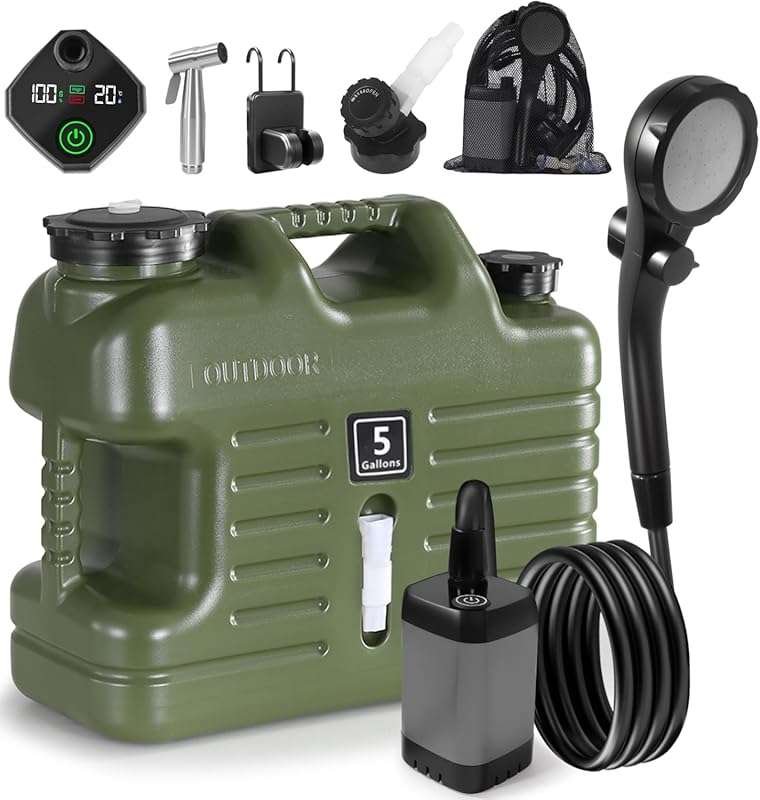 Rechargeable Camping Shower & 5 Gallon Water Jug Kit, IPX7 Waterproof 