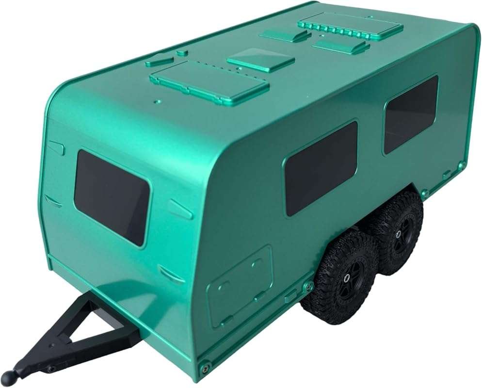 Green RC Travel Trailer with Hitch and 4x1.0 Tires for 1/18 TRX4M Craw