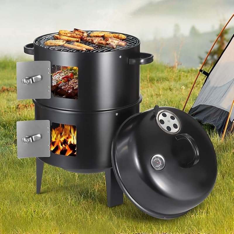 17-Inch 3-in-1 Vertical Charcoal Smoker BBQ Grill with Thermometers fo