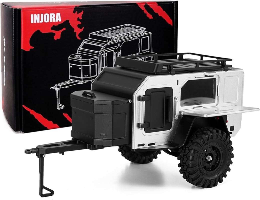 INJORA Silver Off-Road Camping Trailer for 1/18 1/24 RC Crawlers TRX4M