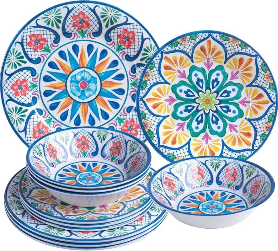 12-Piece Paisley Design Melamine Dinnerware Set - Shatterproof BPA-Fre