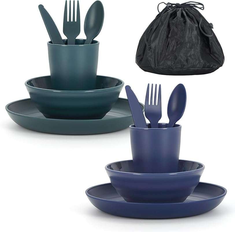 Camping Mess Kit for 2 - 6-Piece Plastic Set with Bowl, Plate, Cup, Cu