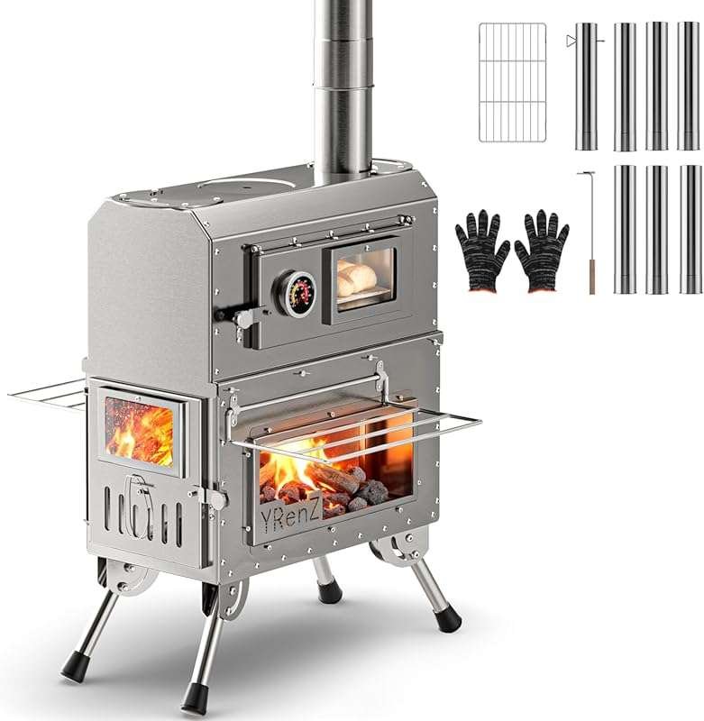 2-in-1 Portable Tent Wood Stove with Oven, Stainless Steel & Glass Doo