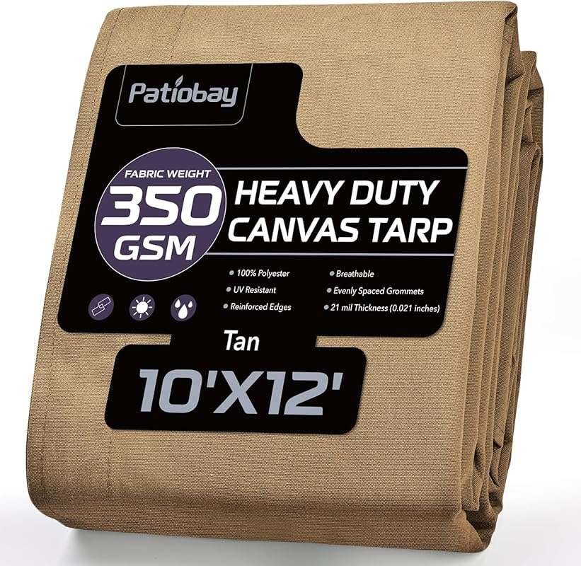 10x12 Ft Tan 12 Oz Heavy Duty Waterproof Canvas Tarp with Rustproof Gr