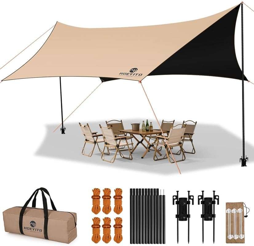 15x12.5FT Large Waterproof Camping Tarp with Poles: 210D Oxford Cloth 