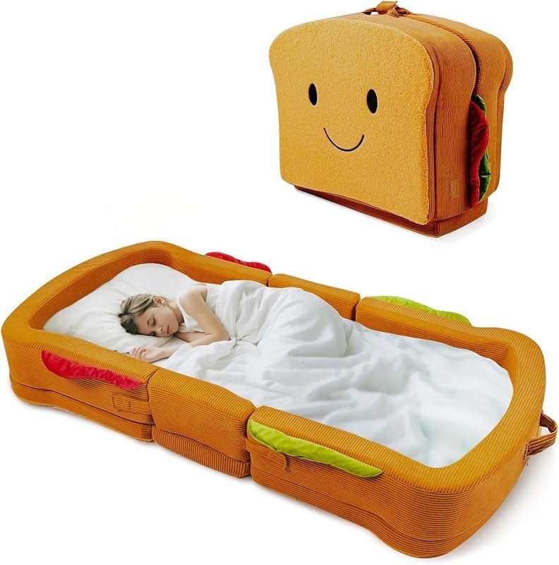 Portable Toddler Travel Bed with Safety Rail, Foldable Soft Foam for 1
