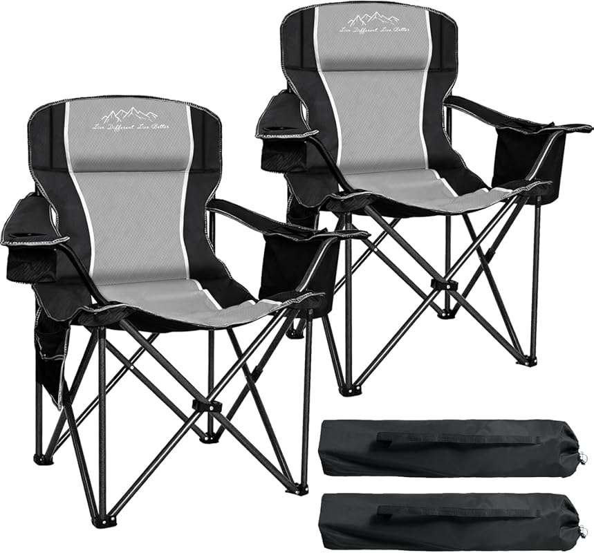 Heavy Duty High Back Camping Chair (2 Pack) with Cup Holder, Cooler Ba