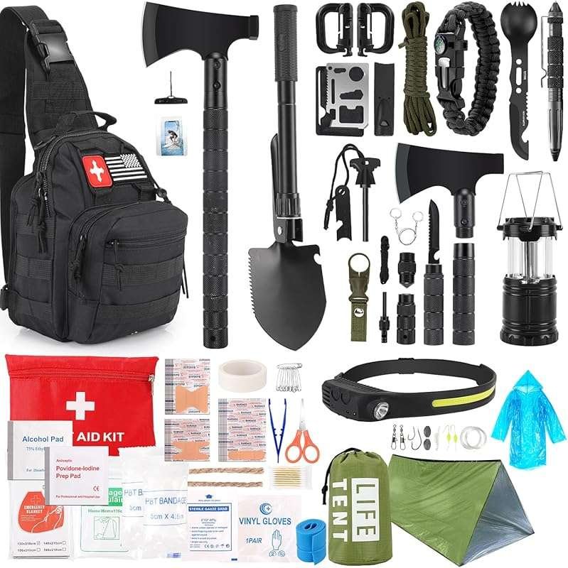 268 Pcs Emergency Survival Kit with First Aid, Axe & Headlamp