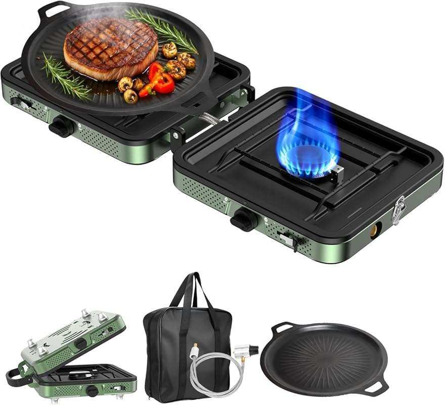 Portable 2 Burner Camping Stove with Griddle and Carrying Bag for Camp