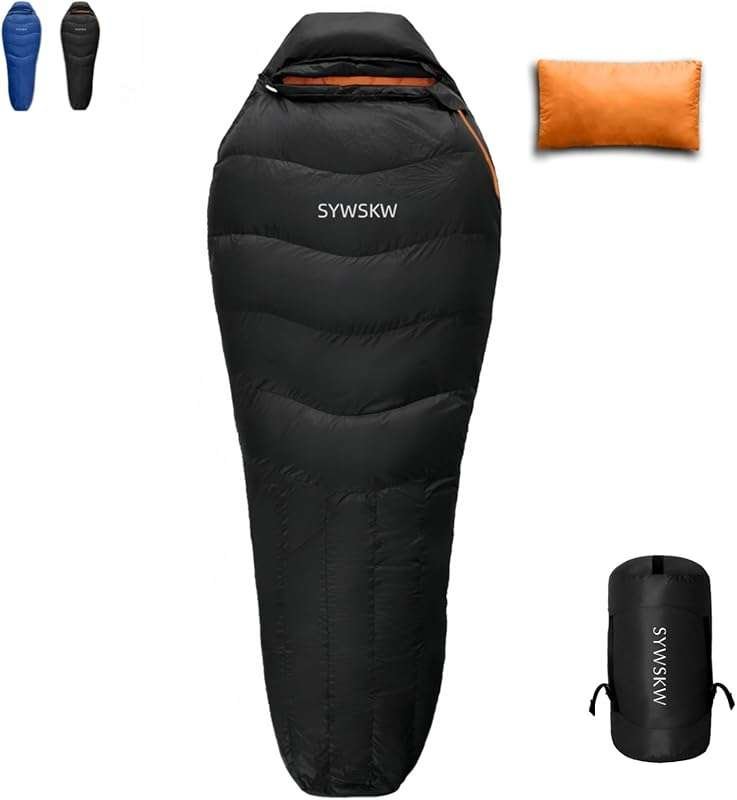 Down Sleeping Bag with Pillow - 15°F to 0°F Wide 680FP Duck Down for C