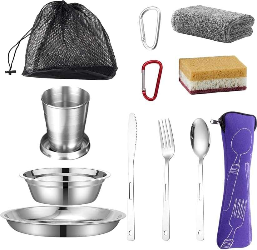 Scout Camping Mess Kit: Stainless Steel Utensils & Dinnerware Set with