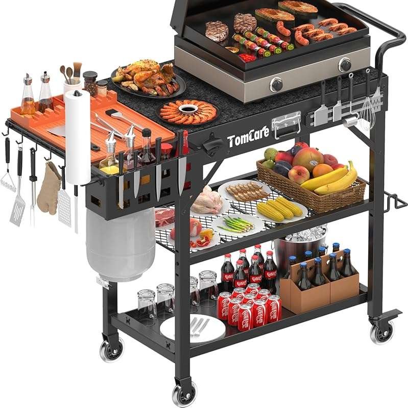 TomCare 3-Tier Grill Table with Lockable Wheels, Heavy Duty Outdoor Gr
