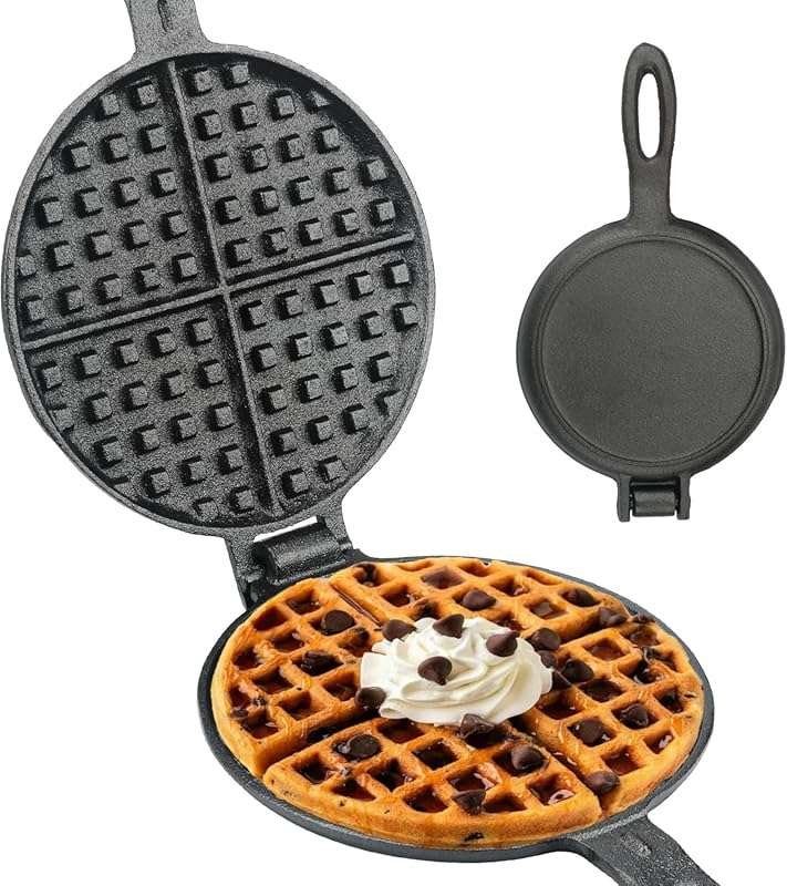7-inch Round Cast Iron Waffle Maker for Stovetop or Camping Grill