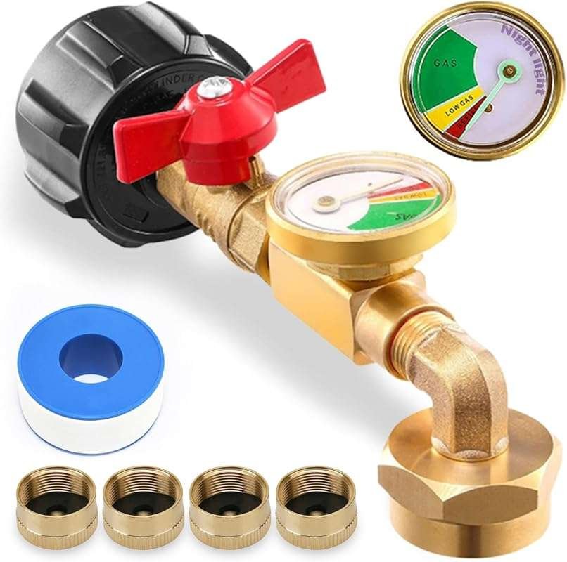 2025 Upgraded Solid Brass Propane Refill Elbow Adapter with Valve & Ga