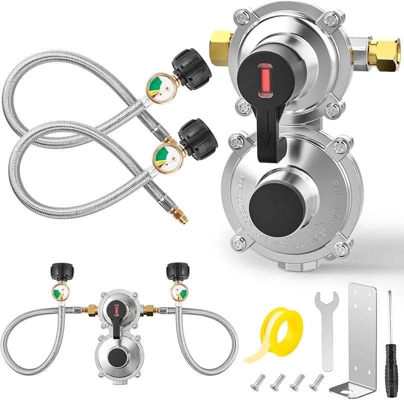 2-Stage Auto Changeover RV Propane Regulator with Gauge and 18-inch St