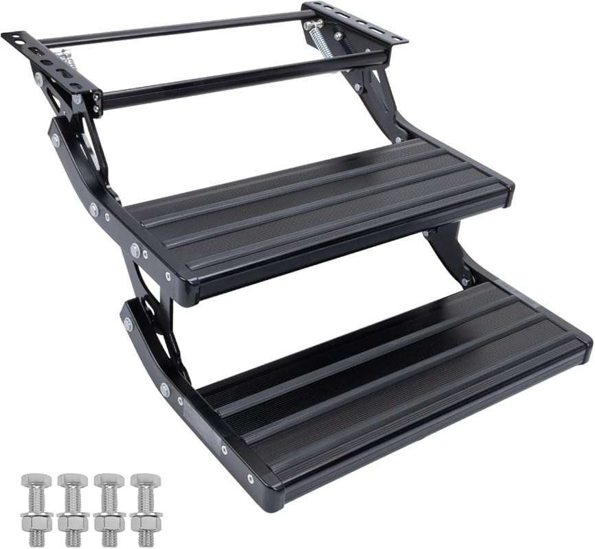 2-Step Manual Foldable RV Steps: Retractable Aluminum Alloy Camper Ste