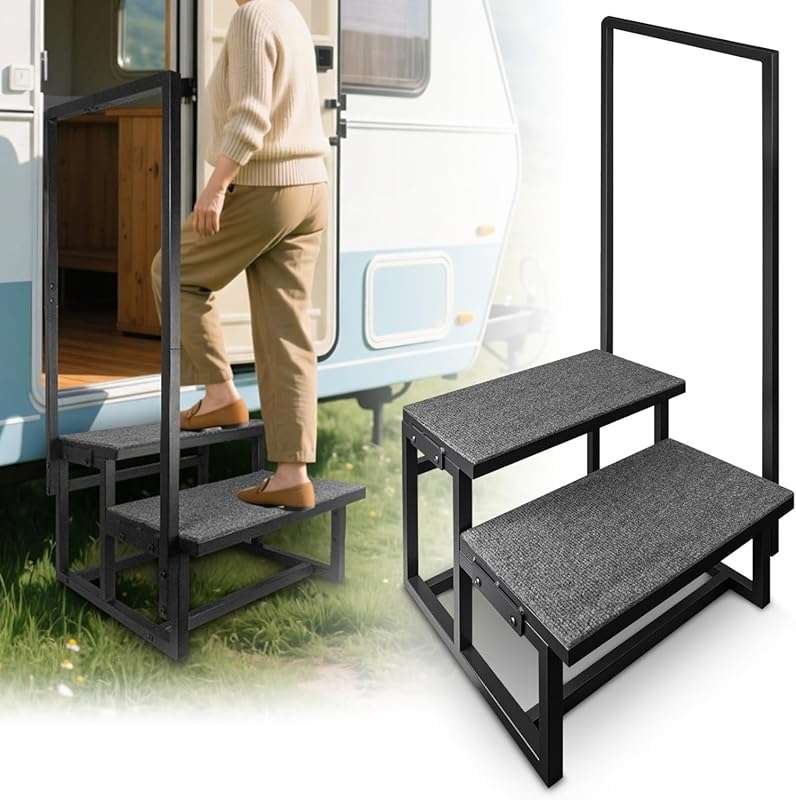 2-Step RV Steps with Handrail: Portable Camper Stairs with Anti-Slip M