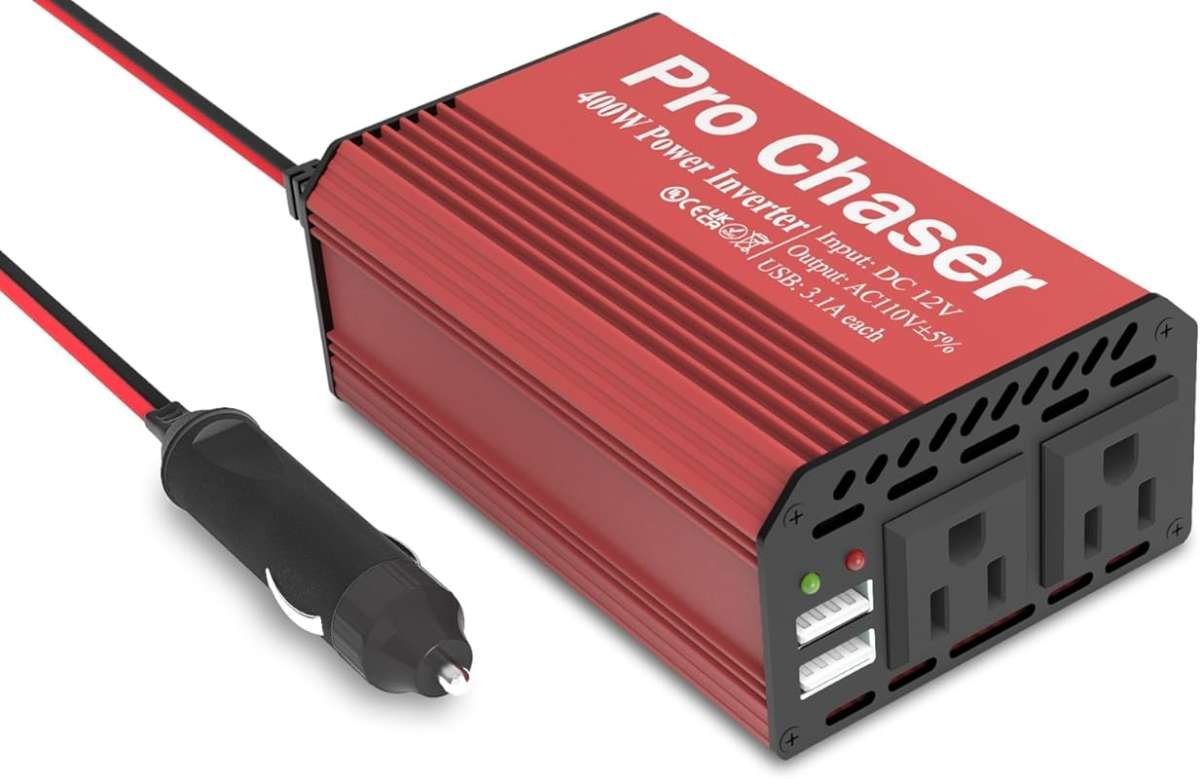 Pro Chaser 400W Car Power Inverter: 12V DC to 110V AC Converter with D