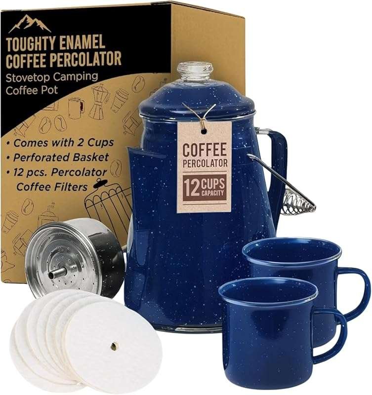Toughty 12-Cup Blue Enamel Stovetop Camping Coffee Pot, Durable Old-Fa