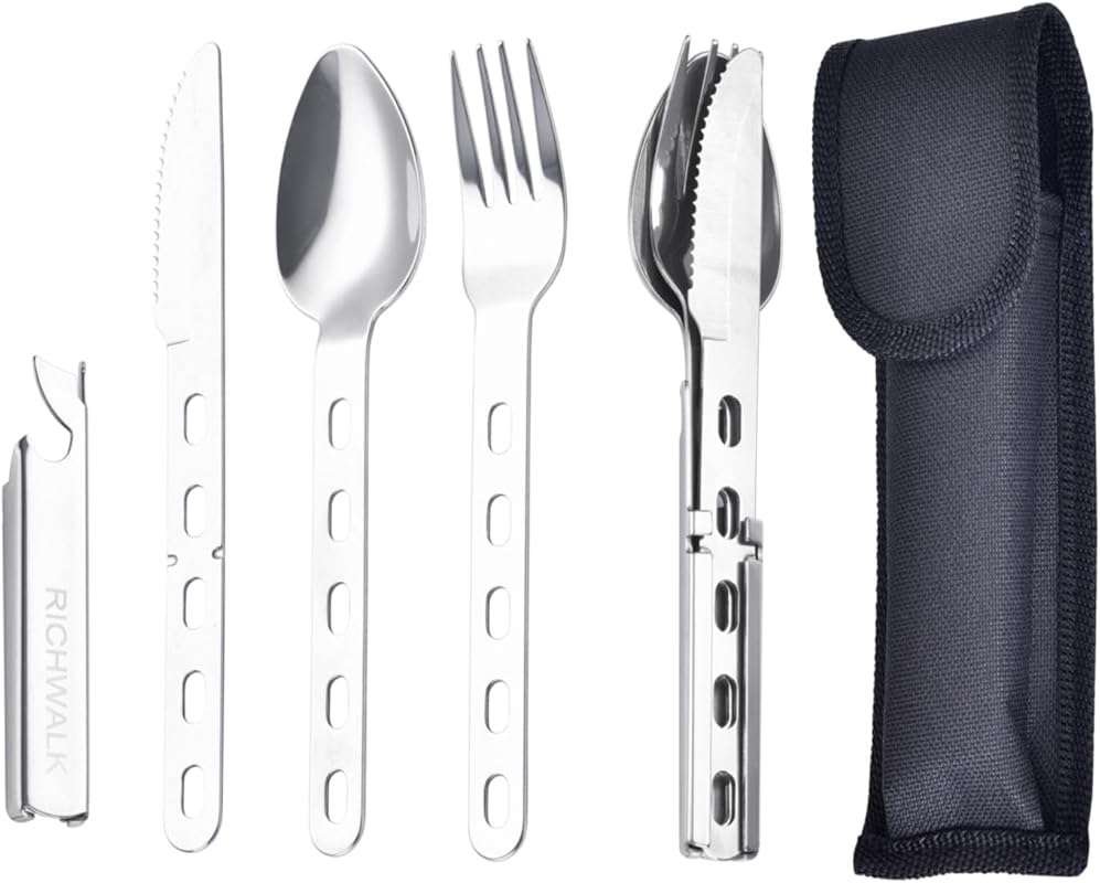 4-in-1 Stainless Steel Camping Spoon Fork Knife Combo Set for 4 - Port