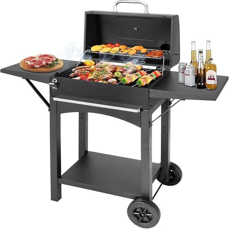 DNKMOR Charcoal BBQ Grill and Smoker with 2 Side Tables, 343 Sq. In. C