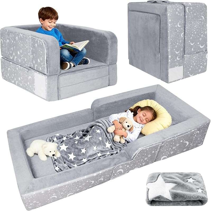Portable 2-in-1 Toddler Travel Bed Sofa with Washable Cover and Safety