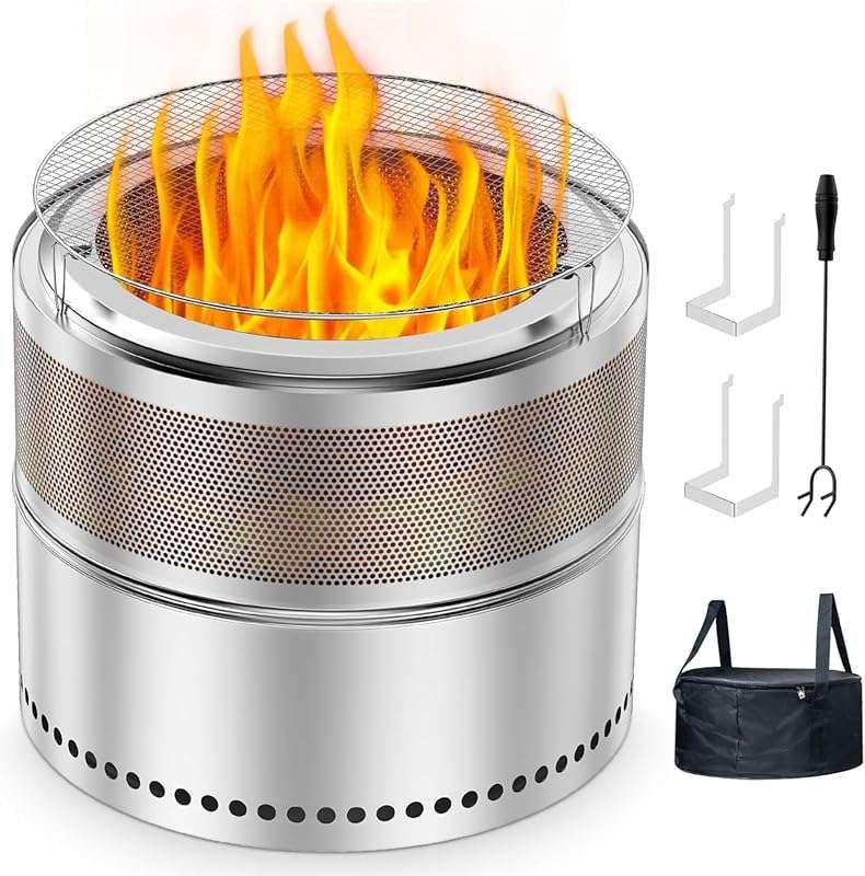 20 Inch Smokeless Fire Pit with Grill: Portable Stainless Steel Outdoo