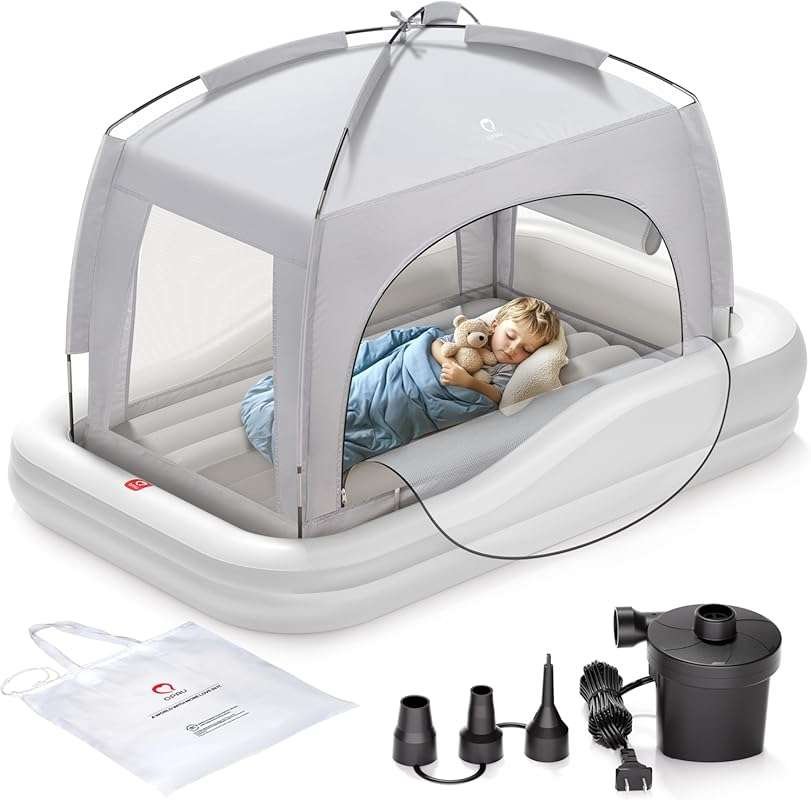 QPAU Inflatable Toddler Travel Bed with Tent, Portable Kids Air Mattre