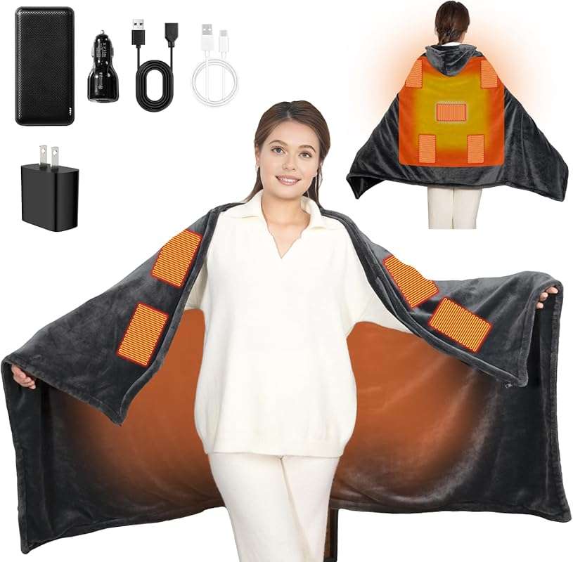 Cordless Heated Blanket with Hood, USB Powered with Multiple Heating Z