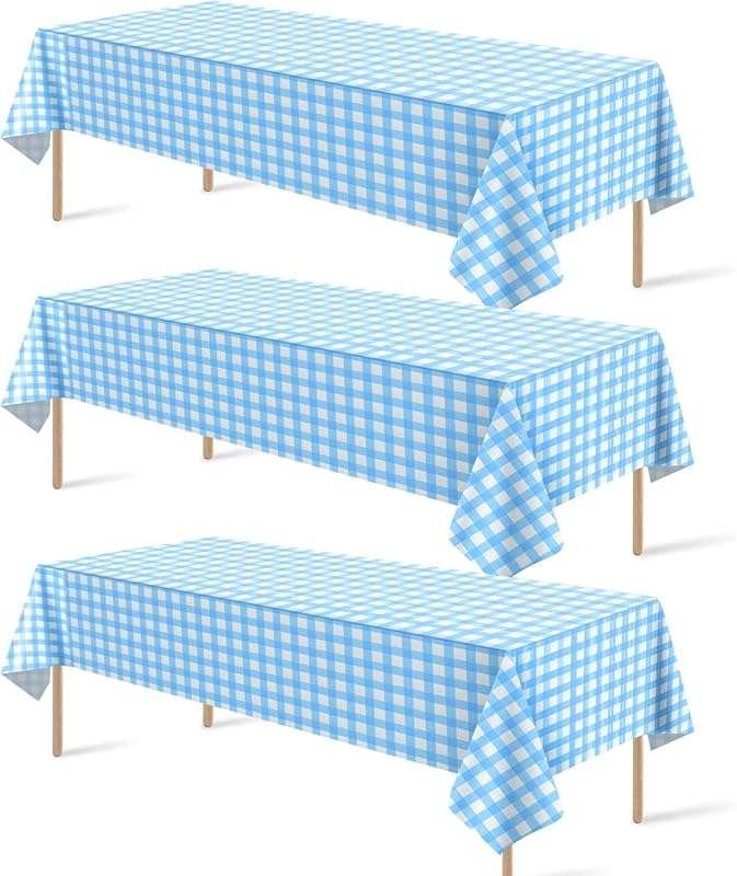3-Pack Light Blue & White Plastic Checkered Disposable Tablecloth for