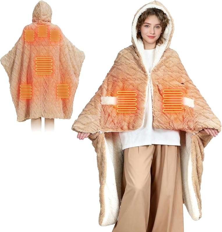 Wearable Heated Throw Blanket, Cordless Portable Electric Wrap Poncho 