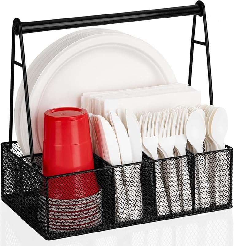 Metal Plate and Utensil Caddy with Handle for Picnic, Party, and Count