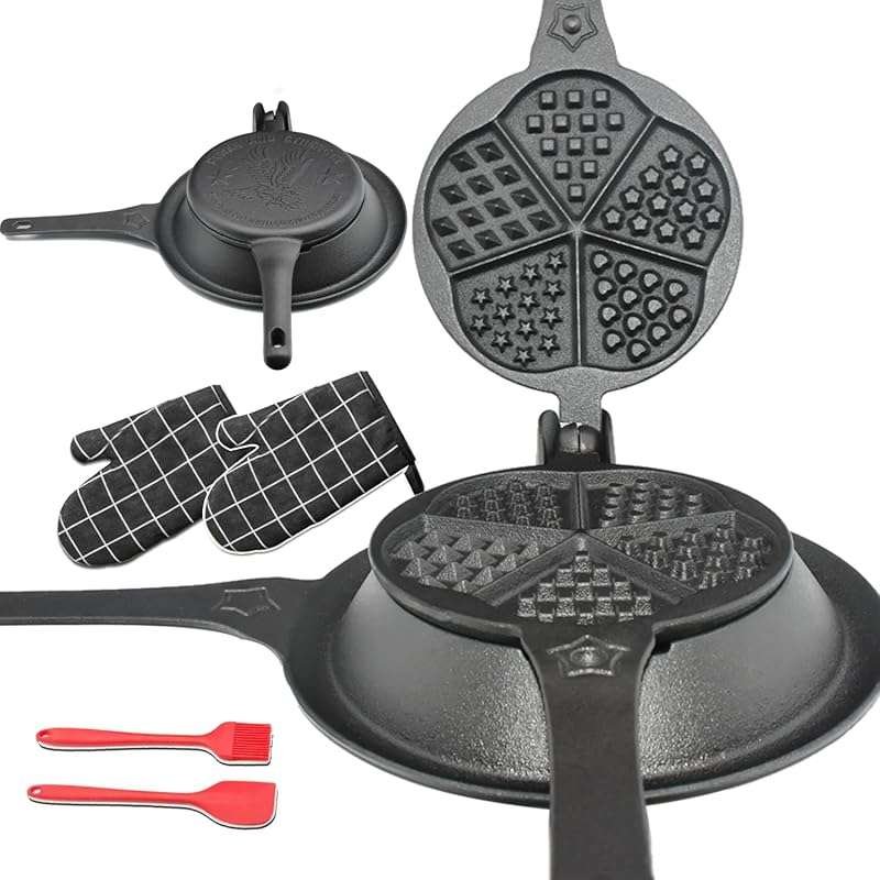 Retro Five-Waffle Shape Cast Iron Waffle Maker, Pre-Seasoned for Stove