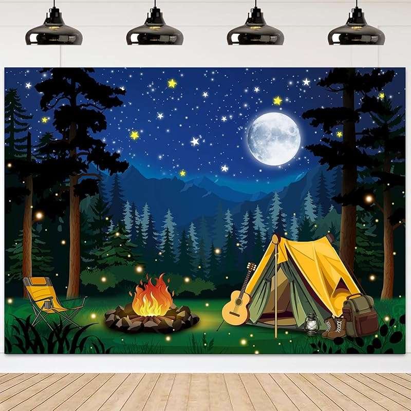 InMemory Camping Backdrop for Photoshoot: Forest Night Scene, Campfire